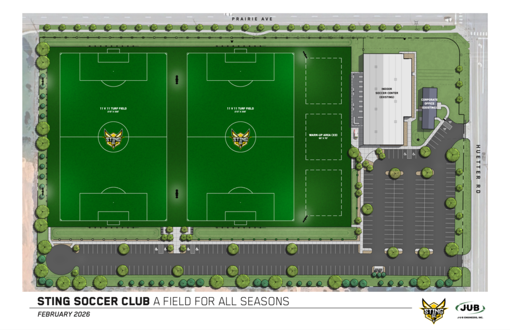 Overhead rendering of the planned Sting Soccer Complex